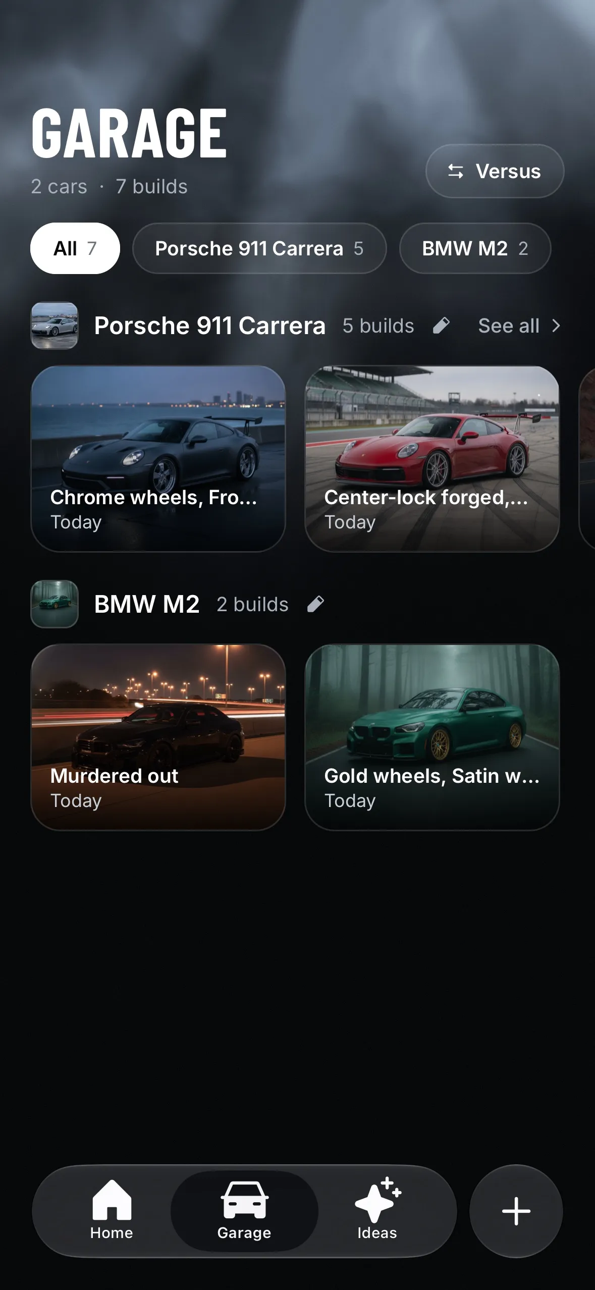 Tuner garage with saved builds