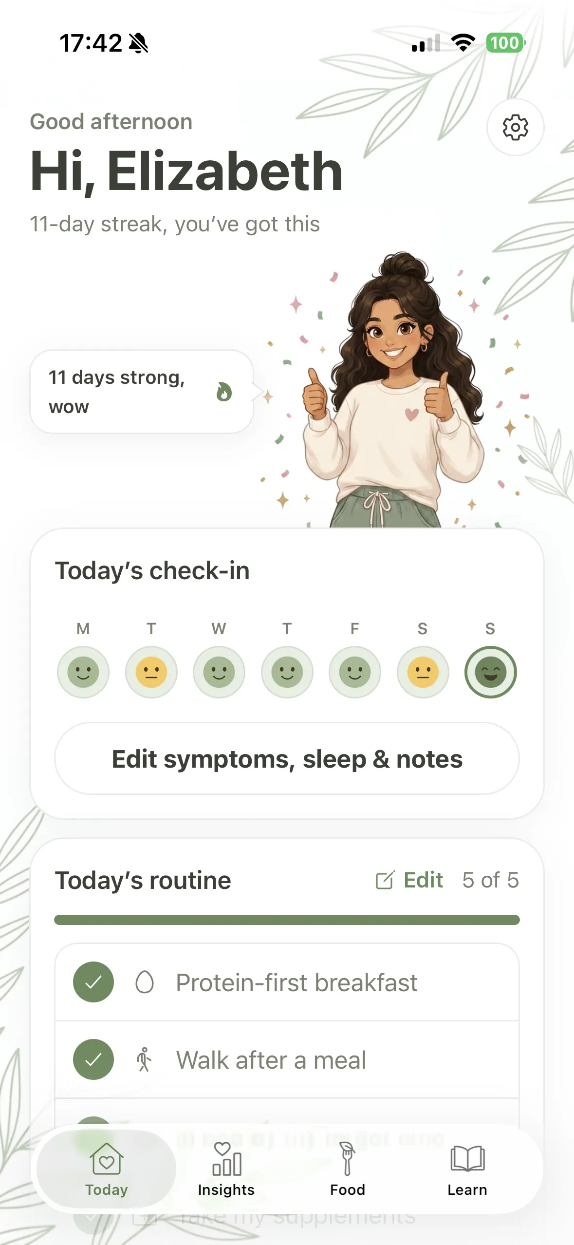 PCOS Ally today screen with the daily check-in